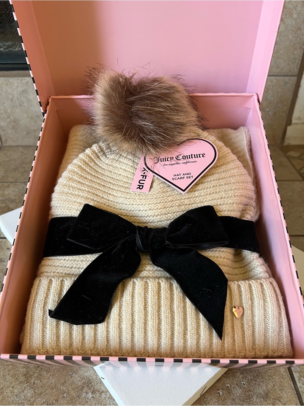 Juicy Couture Cream Pom Beanie with Black Velvet Bow and matching scarf